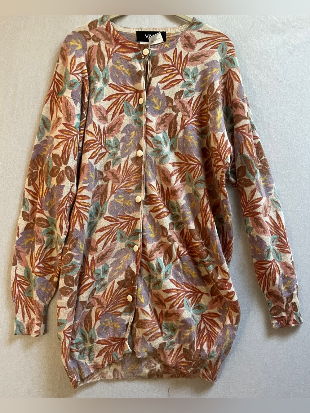 Vintage Vivid Lambswool Angora Floral Leaf Print Button Cardigan Pink O/S